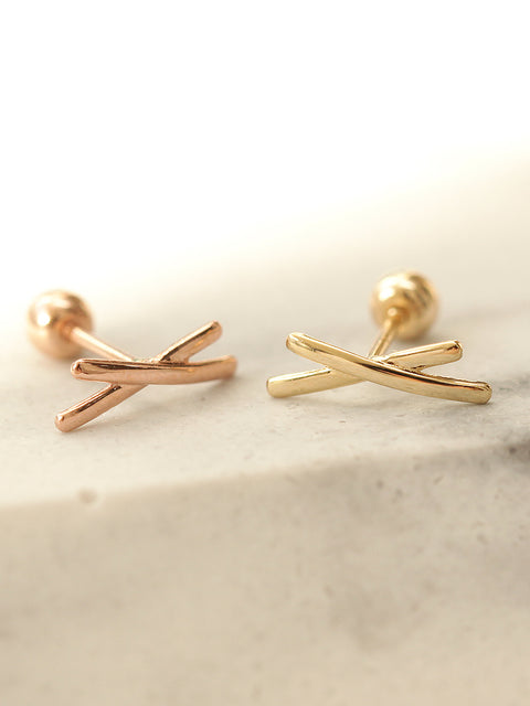 14K Gold Stick Cross Cartilage Earring 20G