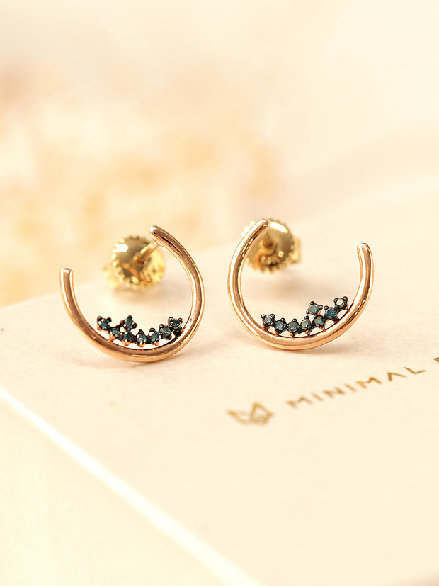 14K Gold Blue Diamond Crescent Earring