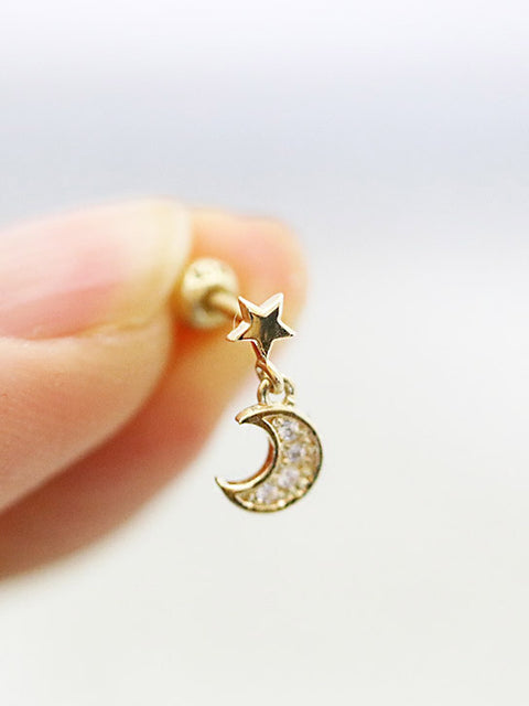 14K Gold Dangle Moon Cartilage Earring 18G16G