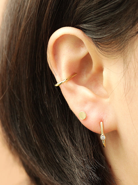 14K Gold Slim Plain & Cubic Hoop Earring