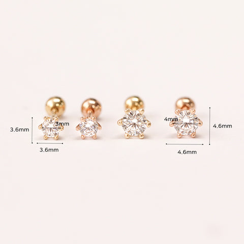 14K Gold Crystal Crown 6 pronged Cartilage Earring 18G16G