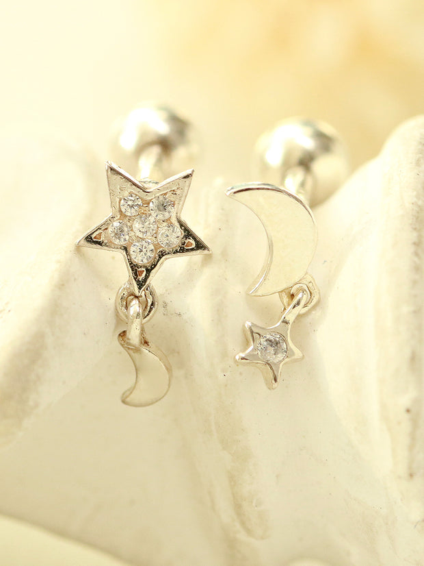 925 Silver Drop Star & Moon Cartilage Earring 16G