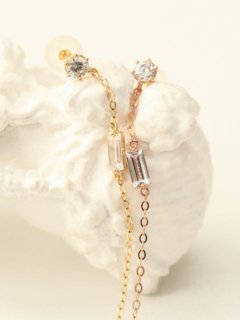 14K Gold Square Cubic Long Drop Earring