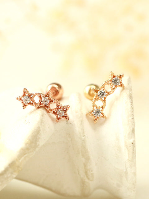 14K Gold Antique Triple Star Cartilage Earring 20G18G