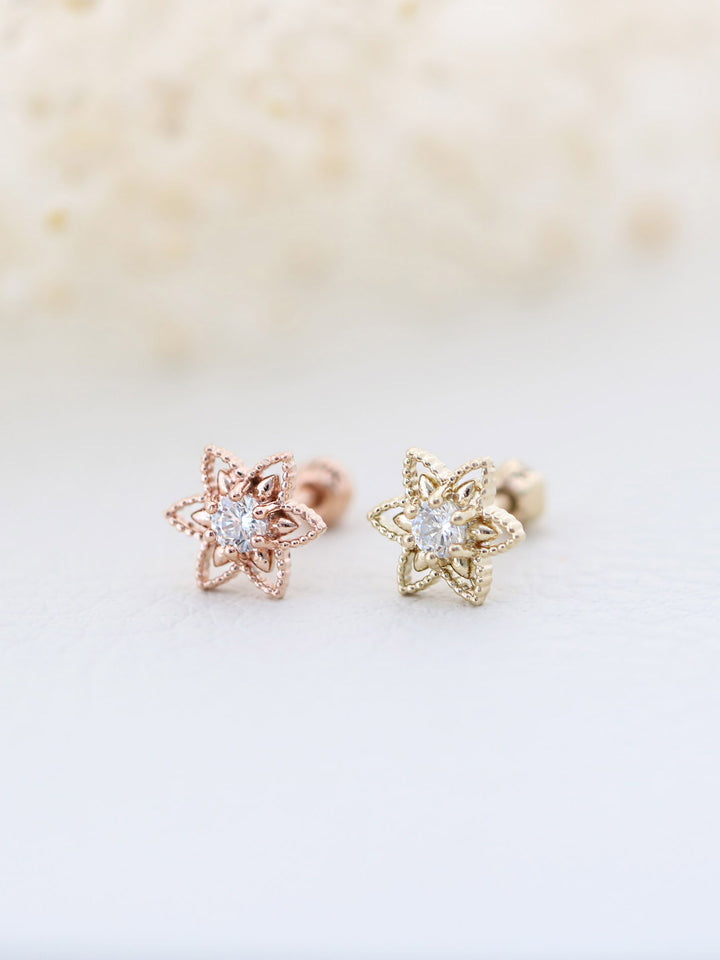 14K Gold Bling Flower Cartilage Earring 18G16G