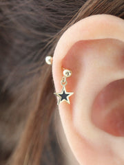 14K gold Black Star Drop cartilage earring 20g