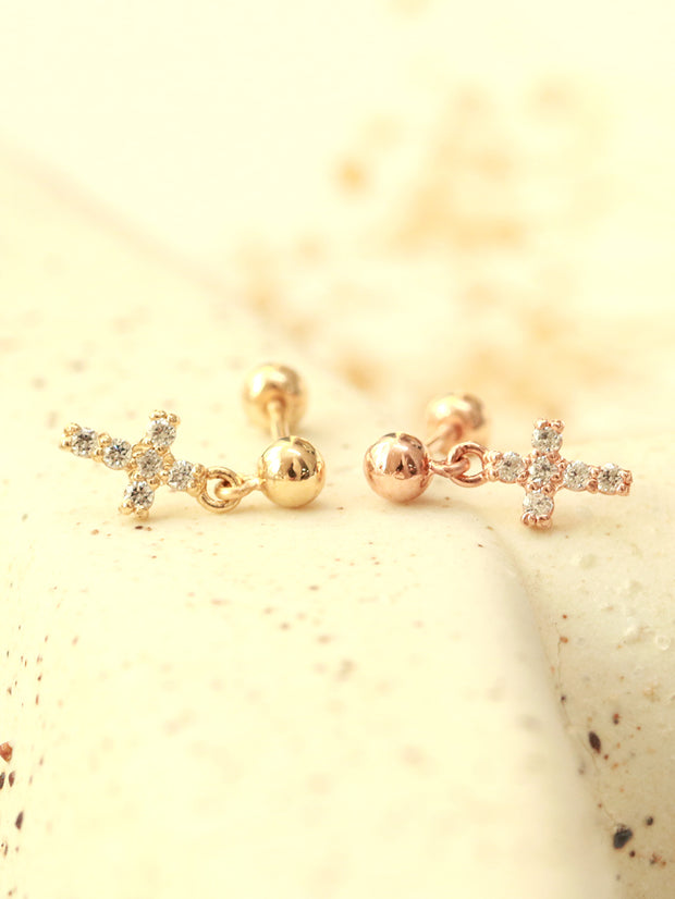 14K Gold Mini Cubic Drop Cross Cartilage Earring 20G18G