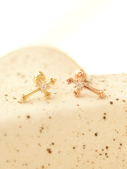 14K Gold Antique Cross Cartilage Earring 20G