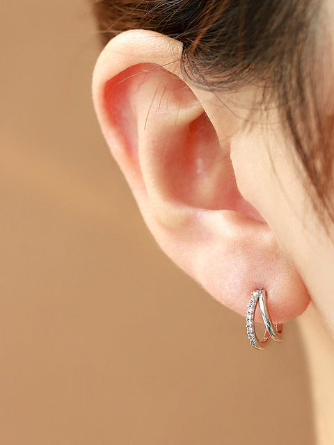 925 Silver 2 Line Cubic Hoop Stud Earring