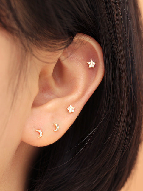 14K Gold Internal Moon & Star Labret Piercing 18G16G