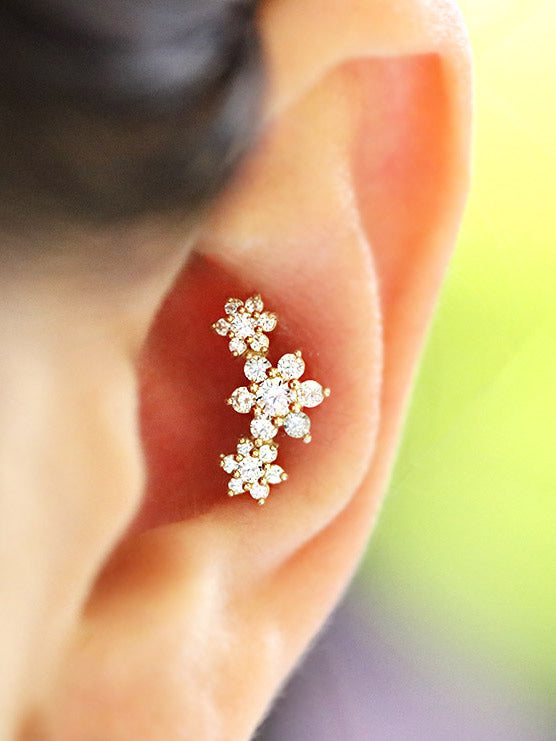 14K Gold Triple Flower Cartilage Earring 18G16G