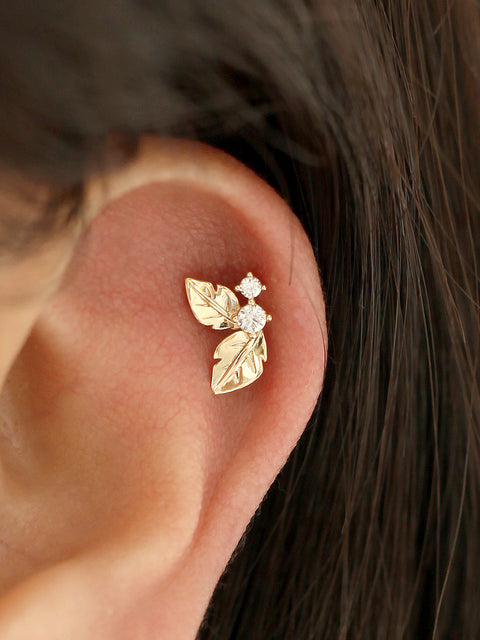 14K gold Fruit Cubic Leaf cartilage earring 20g