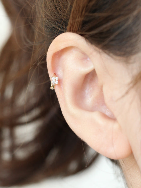 14K Gold Mini Flower Cubic Hoop Earring