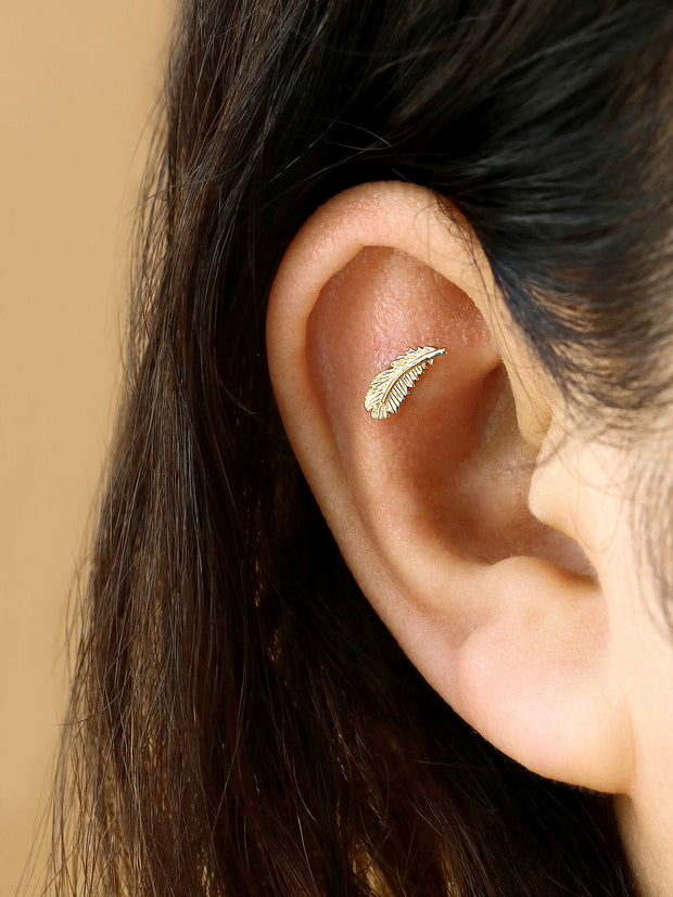 14K Gold Feather Cartilage Earring 18G16G