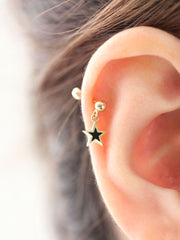 14K gold Black Star Drop cartilage earring 20g