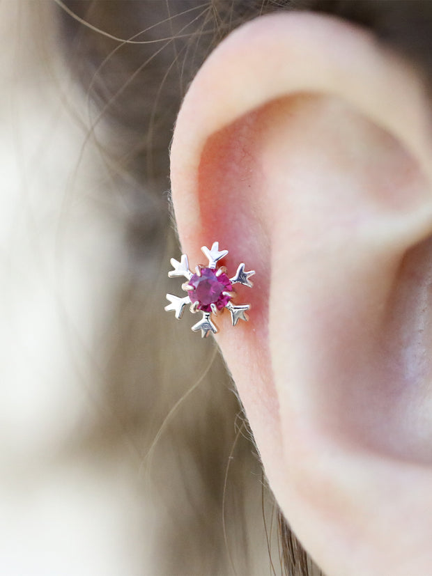 14K Gold Gemstone Snowflake Cartilage Earring 18G16G