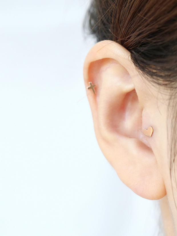 14K Gold Dainty Heart & Cross Cartilage Earring 18g16g