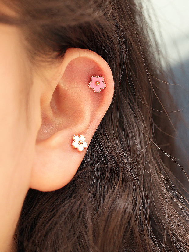 14K Gold Enamel Cherry Blossom Cartilage Earring 18G16G