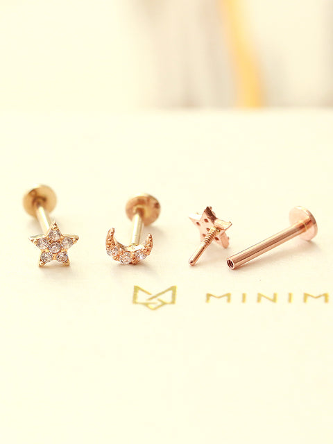 14K Gold Internal Minimi Moon & Star Labret Piercing 18G16G
