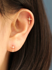 14K Gold Antique Cross Cartilage Earring 20G