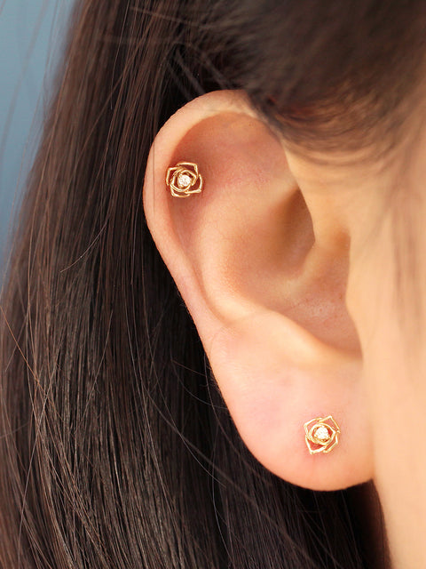 14K Gold Mini Cubic Rose Cartilage Earring 20G