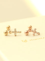 14K Gold Mini Cubic Drop Cross Cartilage Earring 20G18G