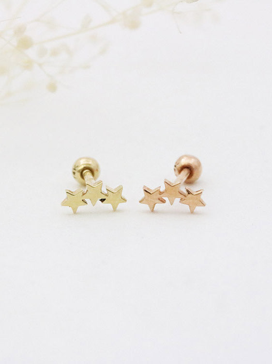 14K Gold Triple Star Cartilage Earring 18G16G