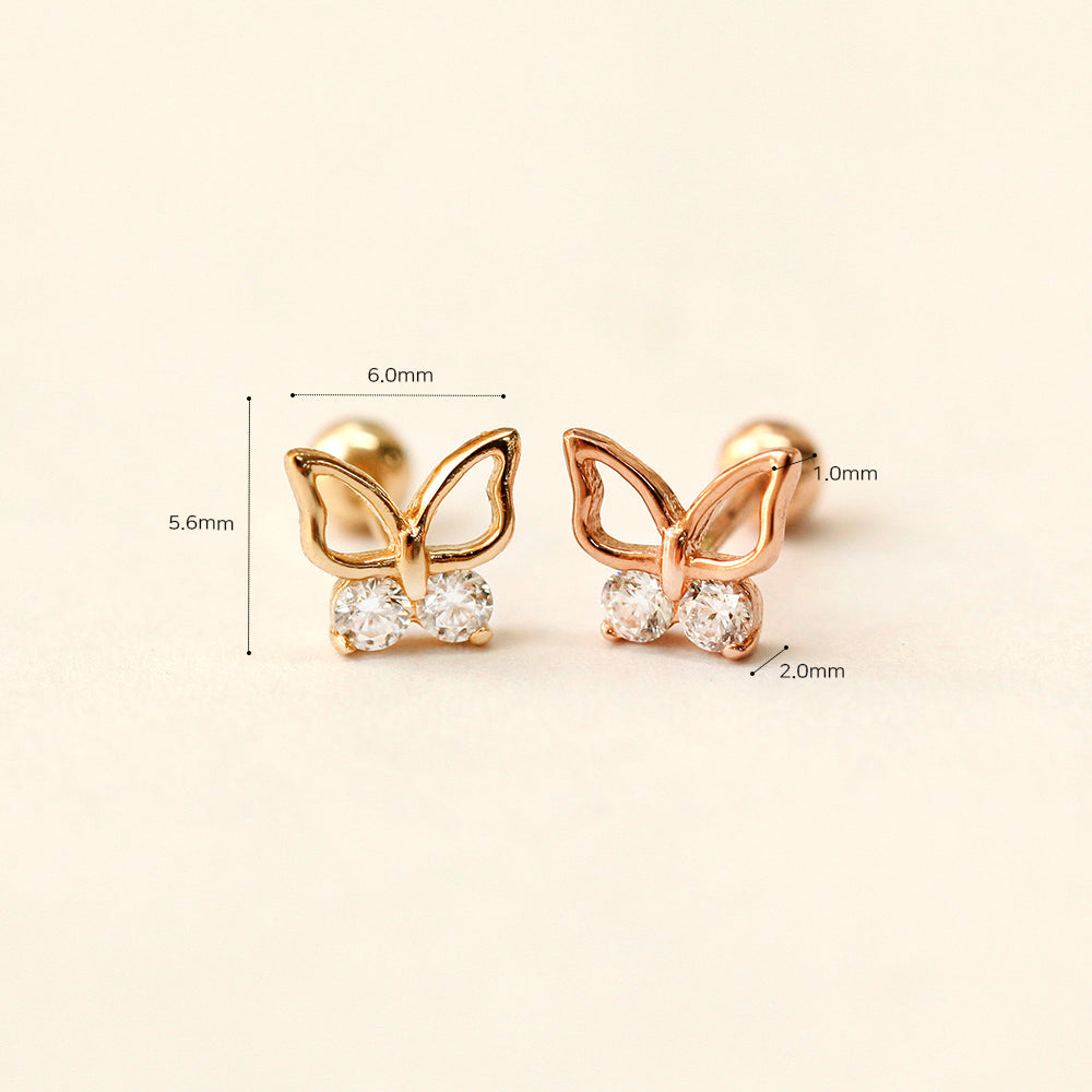 14K Gold Double CZ Butterfly Cartilage Earring 20G18G16G