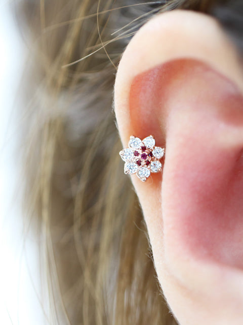 14K Gold Volume Ruby Flower Cartilage Earring 18g16g