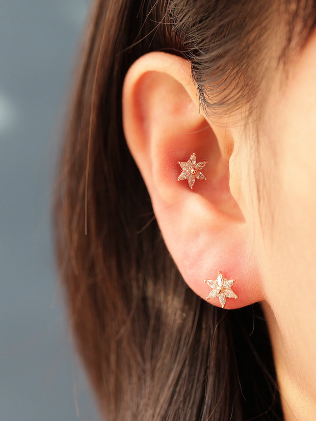 14K Gold Snow Flower Cubic Cartilage Earring 20G