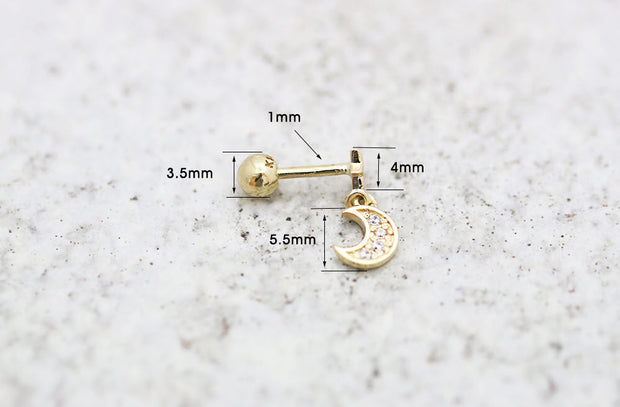 14K Gold Dangle Moon Cartilage Earring 18G16G