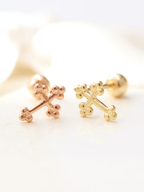 14K Gold Bubble Cross Cartilage Earring 20G