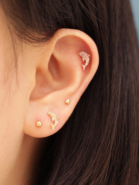 14K Gold Bling Dolphin Cartilage Earring 20G