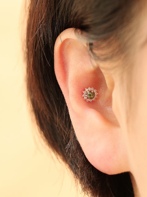 14K gold sun flower Rough Diamond cartilage earring 20g