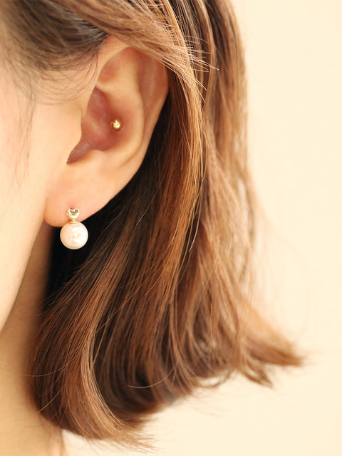 14K Gold Mini Heart Pearl Earring
