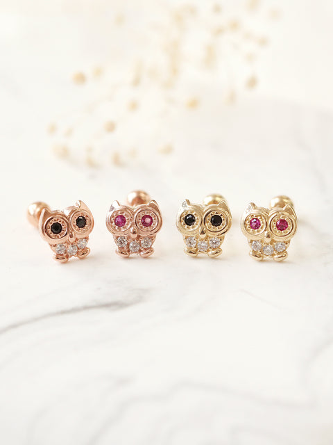 14K Gold Cubic Owl cartilage earring 20g