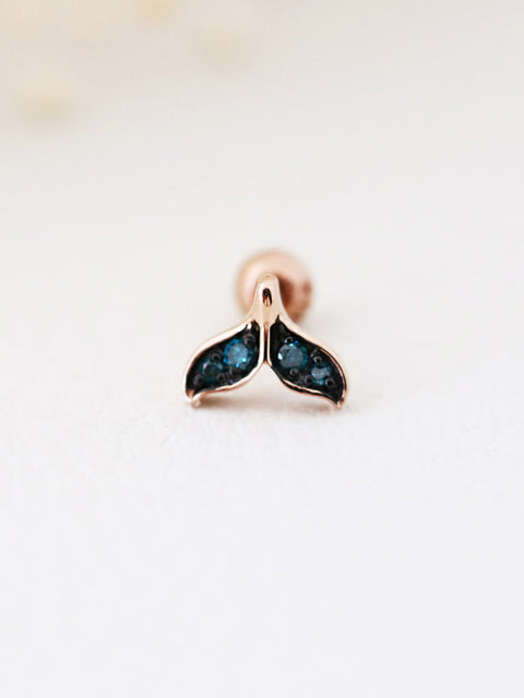 14K Gold Blue Diamond Whale Tail Cartilage Earring 18G16G