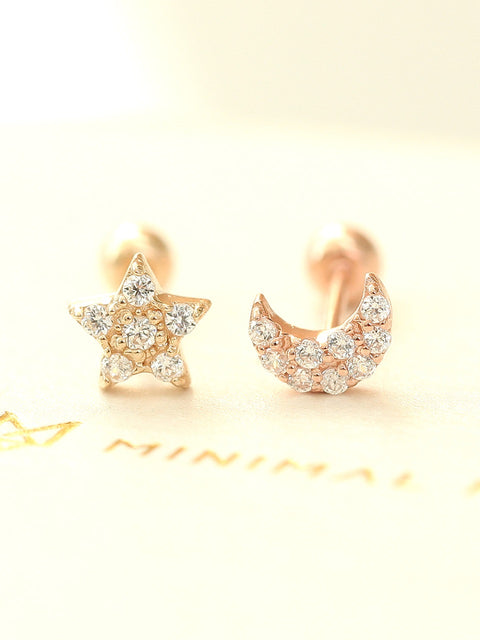 14K gold Mini Volume Cubic Moon & Star cartilage earring 20g