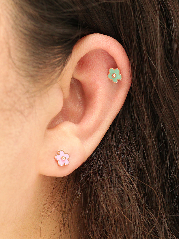 14K Gold Enamel Cherry Blossom Cartilage Earring 18G16G
