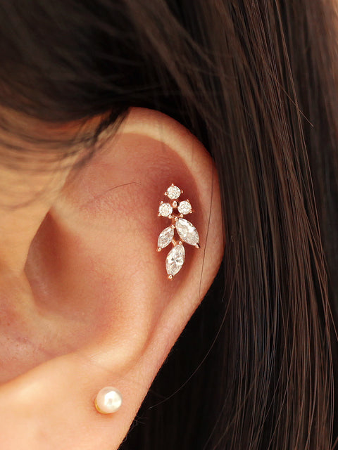 14K Gold Internal Cubic Curve Leaf Labret Piercing 18G16G