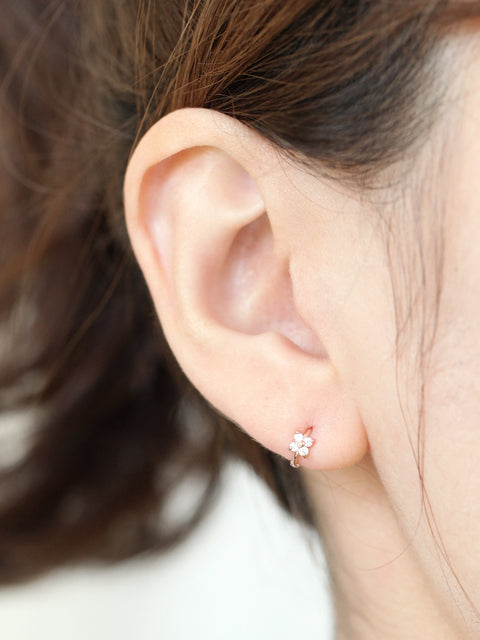 14K Gold Mini Flower Cubic Hoop Earring