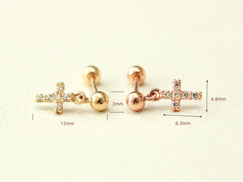 14K Gold Mini Cubic Drop Cross Cartilage Earring 20G18G