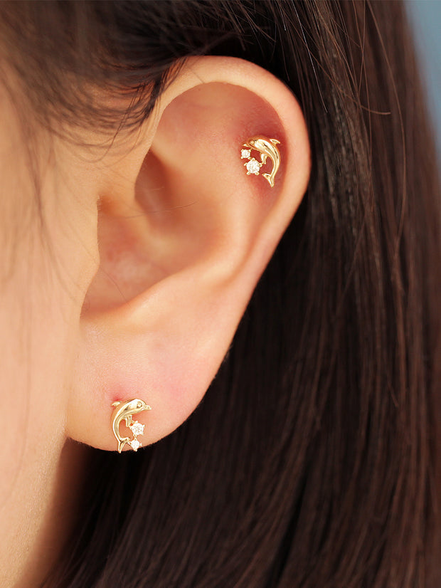 14K Gold Mini Cubic Dolphin Cartilage Earring 20G