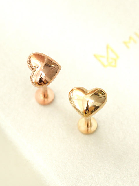 14K Gold Internally Threaded Heart Labret Piercing 18G16G