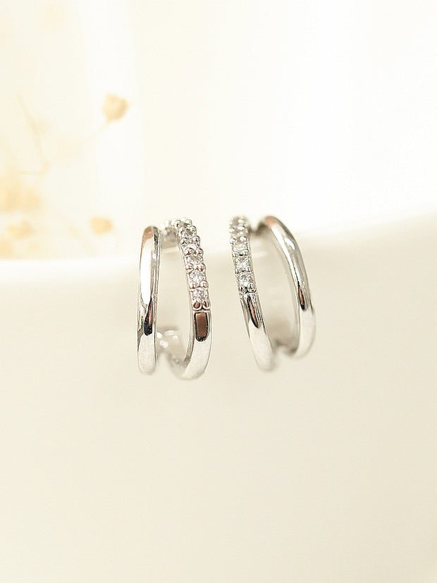 925 Silver 2 Line Cubic Hoop Stud Earring