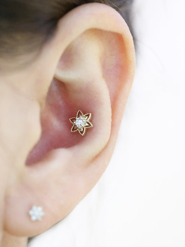 14K Gold Bling Flower Cartilage Earring 18G16G