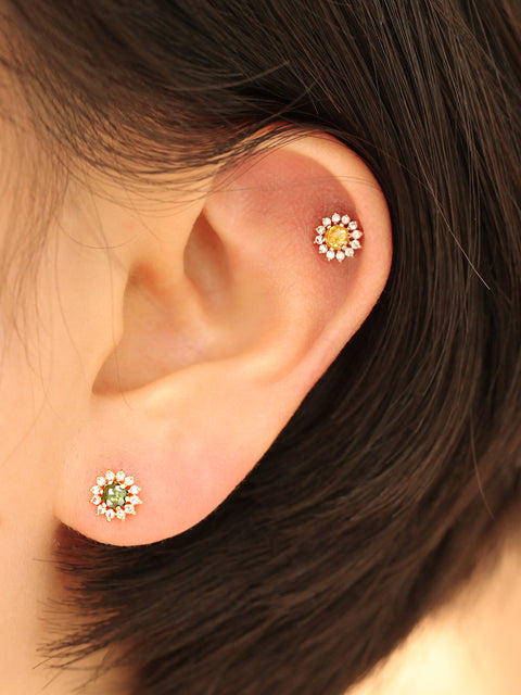 14K gold sun flower Rough Diamond cartilage earring 20g