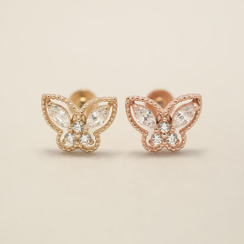 14K Gold Internally Threaded Crystal 3D Butterfly  Labret Piercing 18G16G