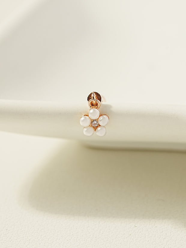 14K Gold Pearl Flower Drop Cartilage Earring 20G