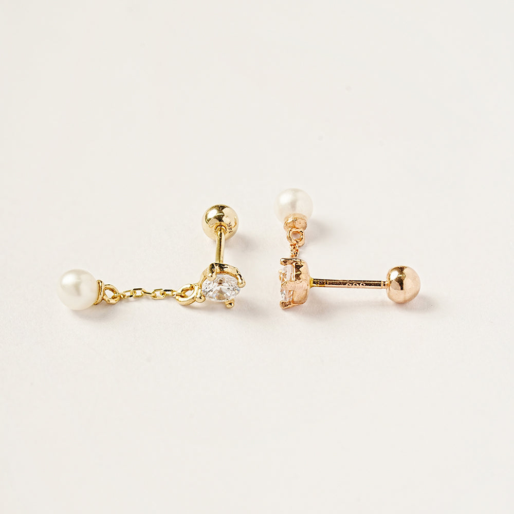 14K Gold Point Cubic Fresh Water Pearl Drop Cartilage Earring 20G18G16G